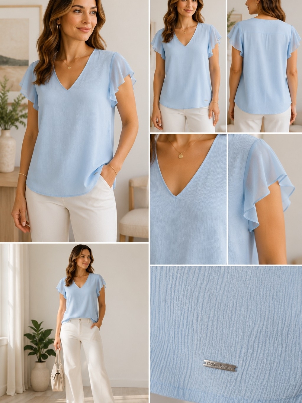 Calvin Klein Light Blue Textured Flutter Sleeve V-Neck Blouse Size Large